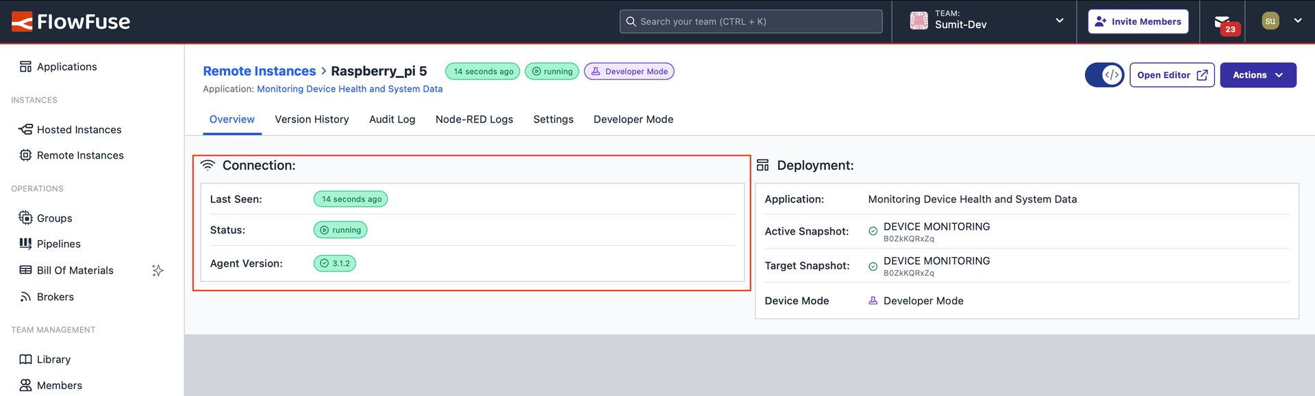 Status of the remote instance in FlowFuse, showing its connection and operational state