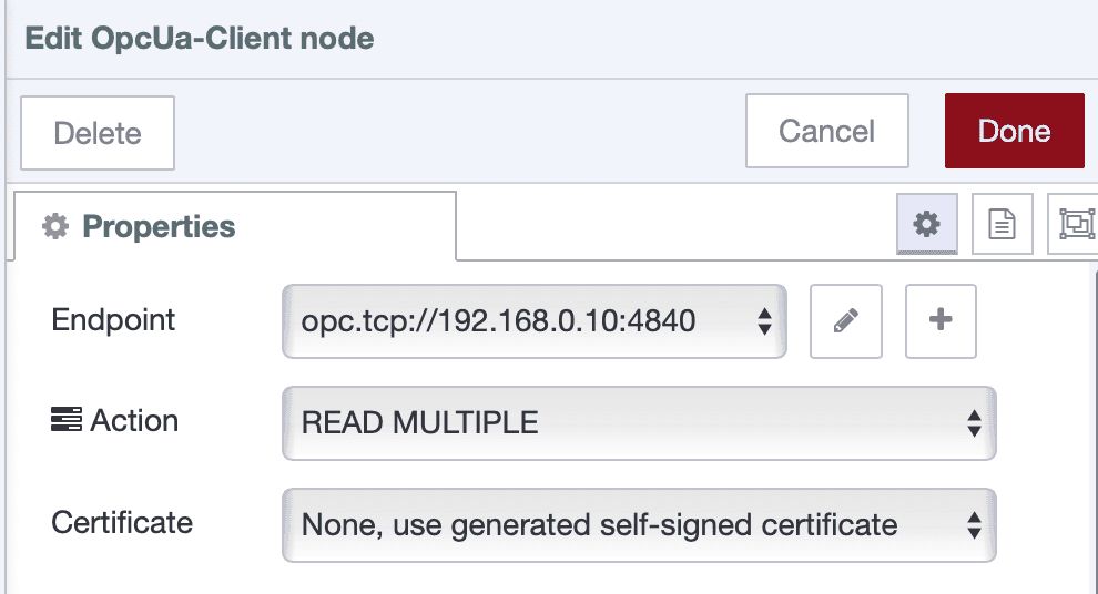 Screenshot showing OPC UA Client node with "READ MULTIPLE" action selected