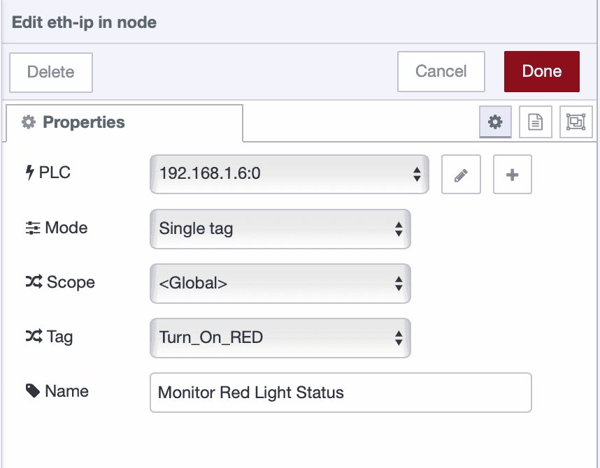 Configuring the EtherNet/IP in node to read a single tag from the PLC