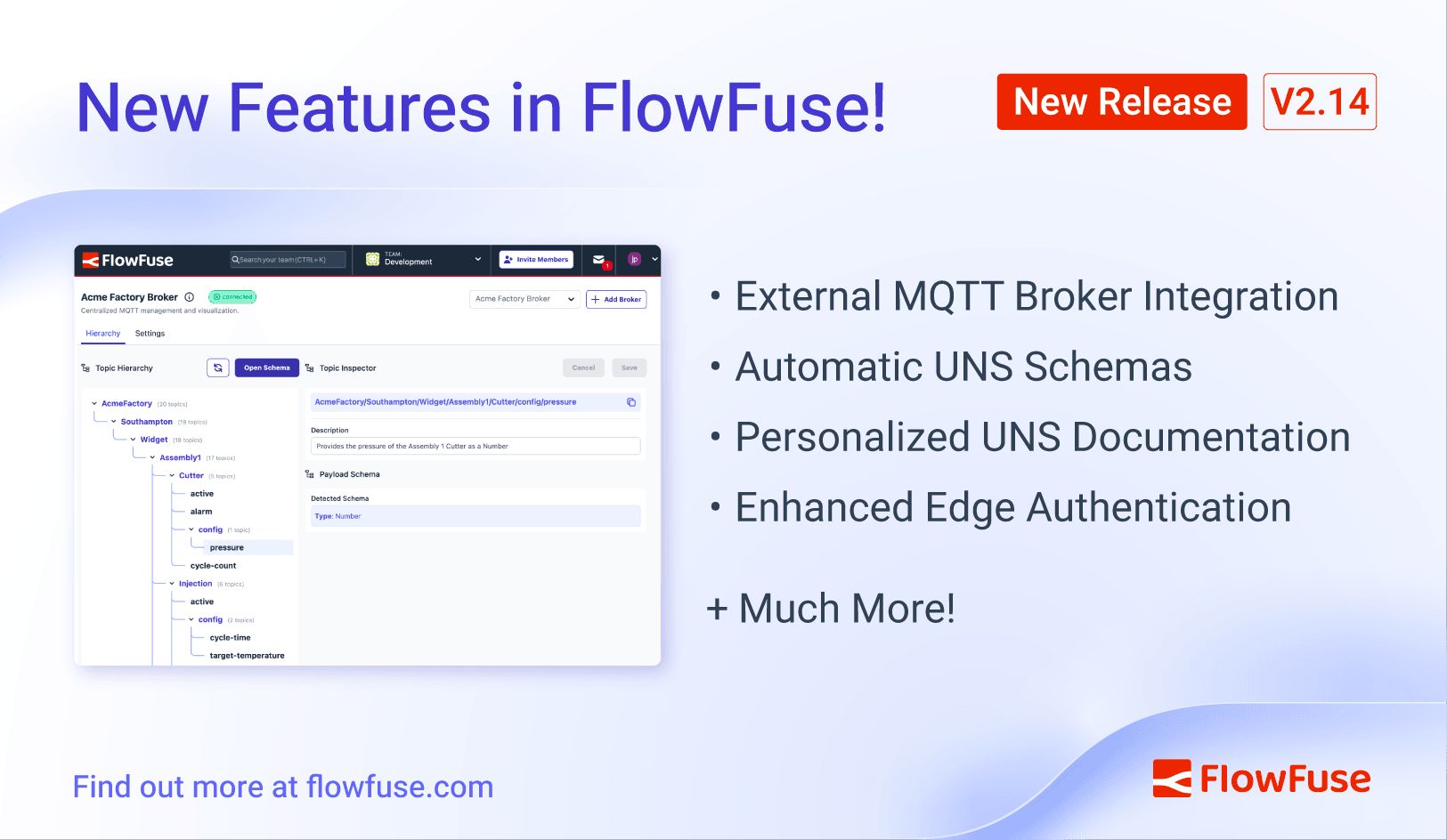 Image representing FlowFuse 2.14: Announcing Third-Party Broker Integration, UNS Schemas, Enhanced Auth on Remote Instances and more!