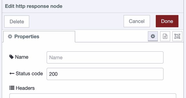Configuring the status node to set the response to 200 "Configuring the status node to set the response to 200"