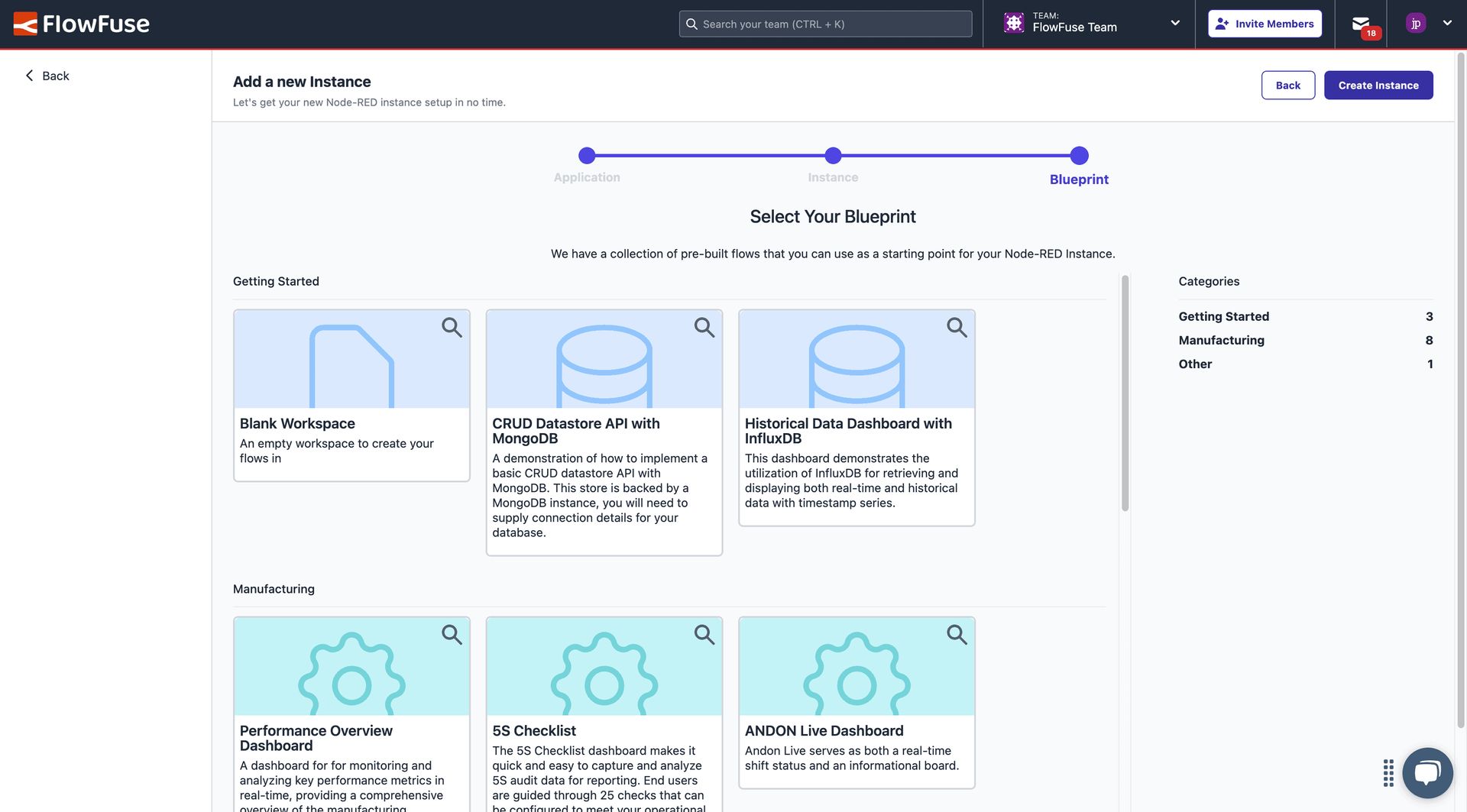 Screenshot of the Blueprint selection UI in FlowFuse