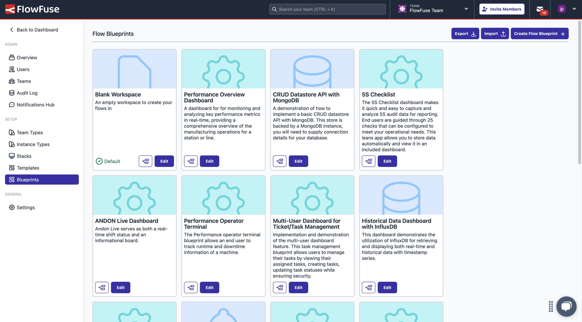 Screenshot of the Blueprint Admin Panel in FlowFuse