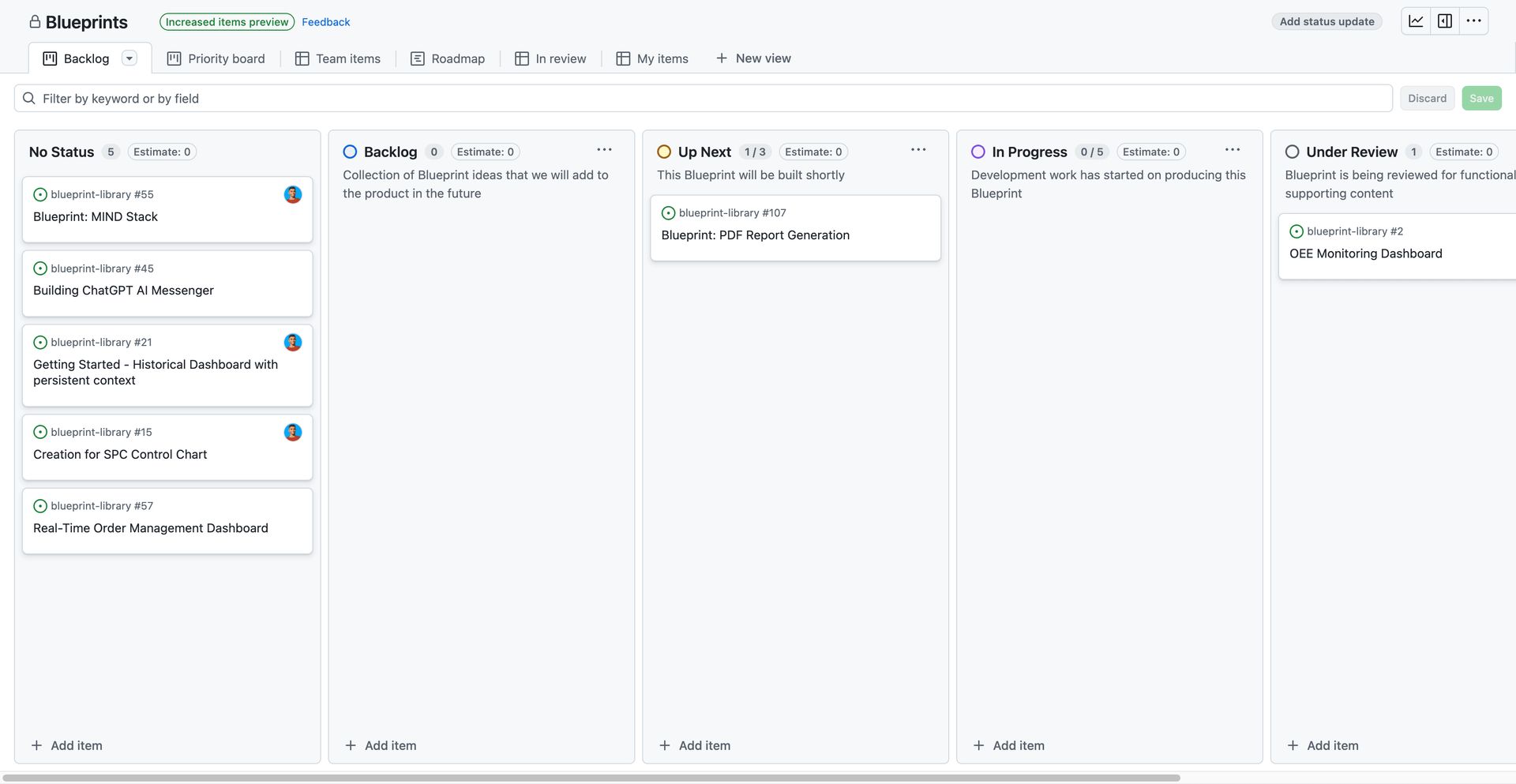 Screenshot of the Blueprint Project Board
