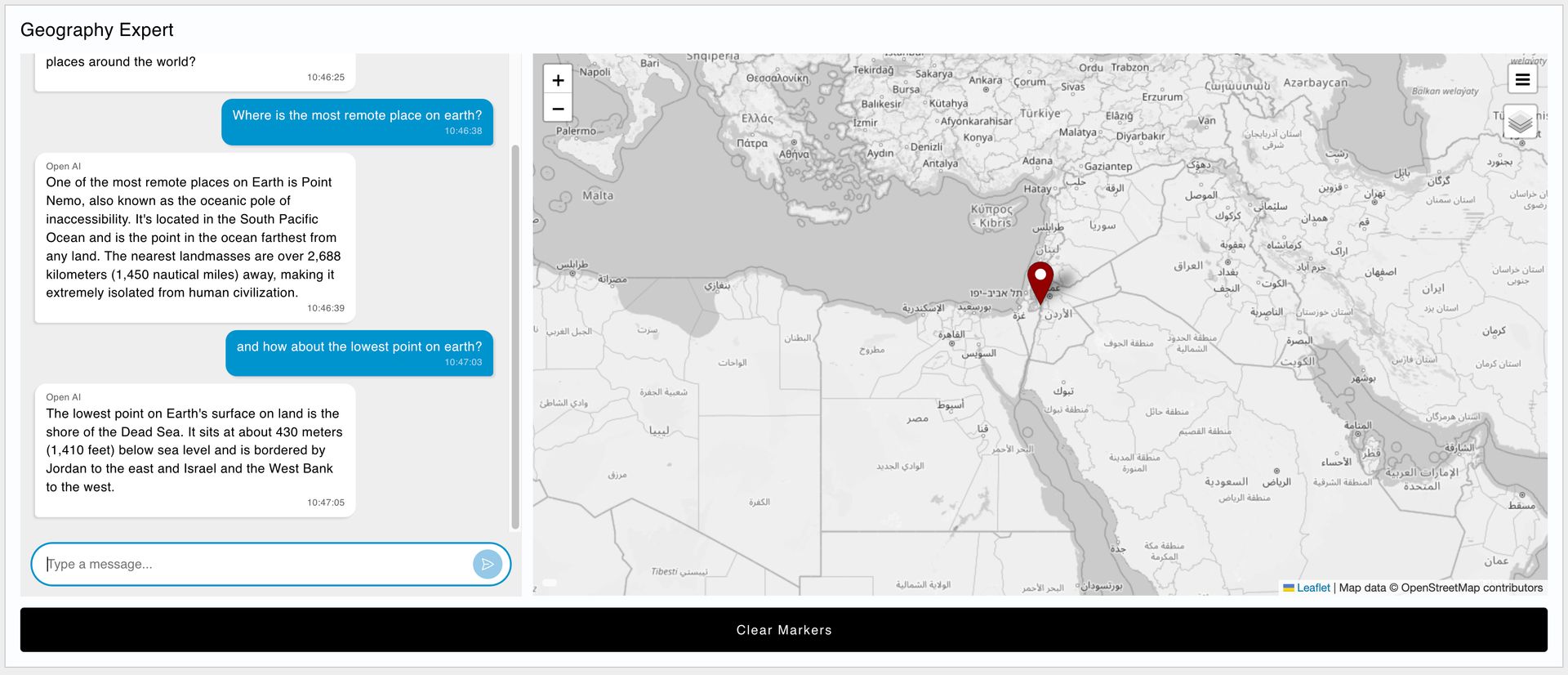 Screenshot of a Dashboard with a Chat interface to an OpenAI Agent, which integrates with a Worldmap to display location information