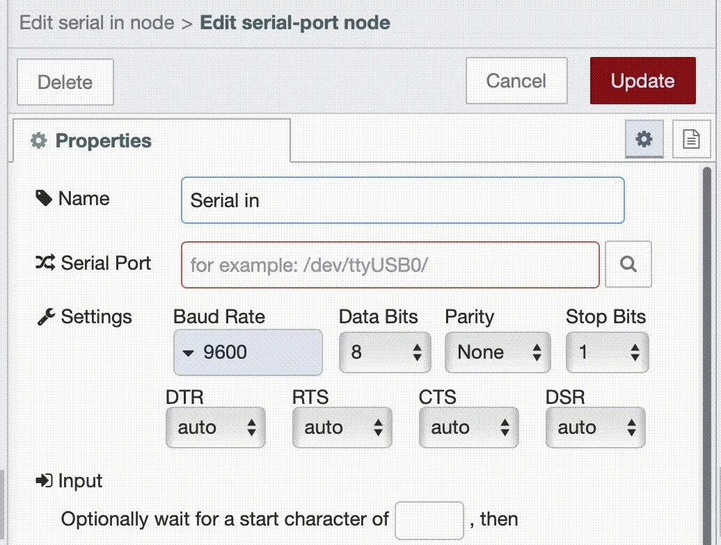 Screenshot of Node-RED serial port node configuration showing available serial ports after clicking the search option.