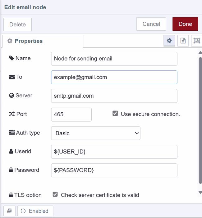 Screenshot displaying configuration of e-mail node for sending emails "Screenshot displaying configuration of e-mail node for sending emails"
