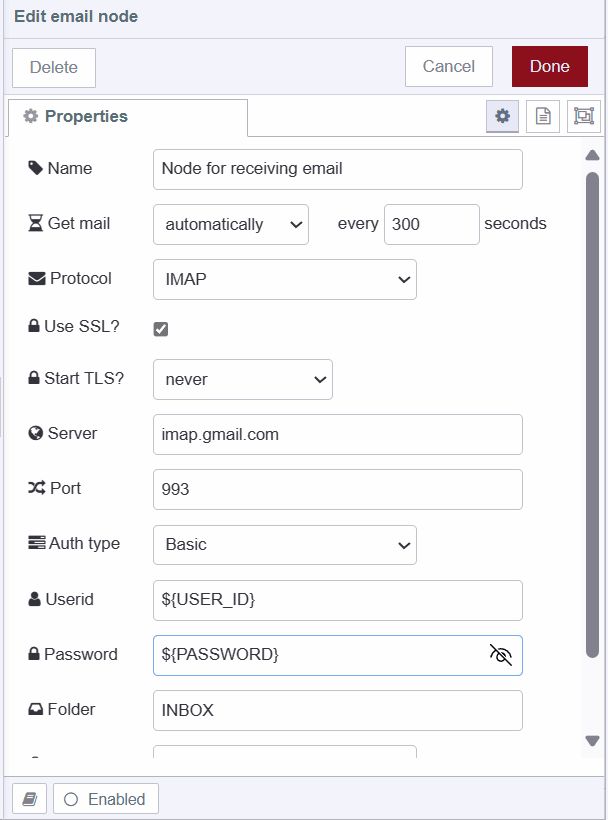 Screenshot displaying configuration of e-mail in node for sending emails "Screenshot displaying configuration of e-mail in node for sending emails"