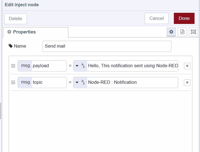 Screenshot of the inject node setting payload for sending email notification "Screenshot of the inject node setting payload for sending email notification"