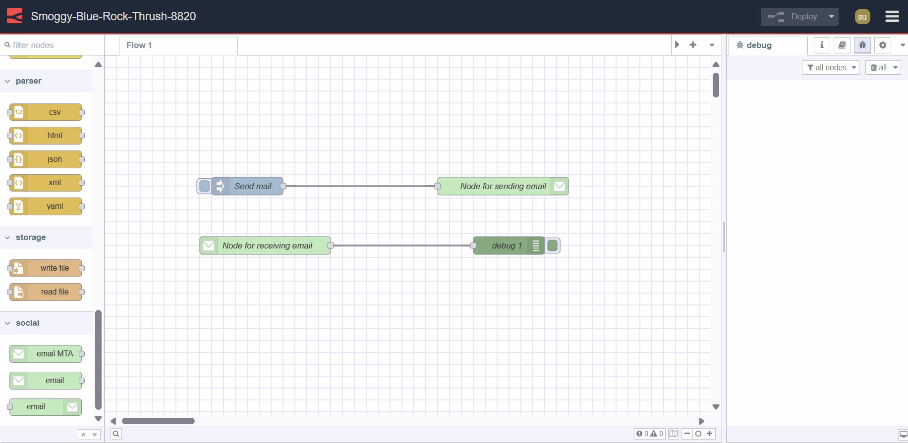 Screenshot displaying Node-RED flow: Sending and Receiving Emails using Node-RED "Screenshot displaying Node-RED flow: Sending and Receiving Emails using Node-RED"