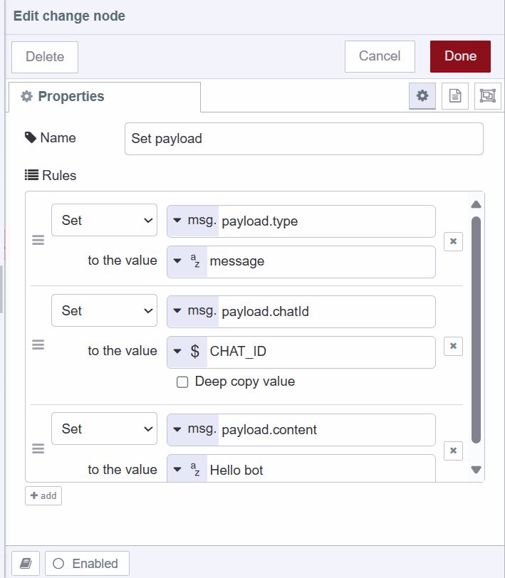 Screenshot displaying the change node setting payload for sending message "Screenshot displaying the change node setting payload for sending message"