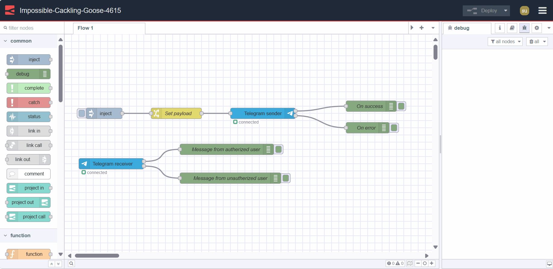 Screenshot displaying Node-RED flow for sending and receiving telegram messages "Screenshot displaying Node-RED flow for sending and receiving telegram messages"
