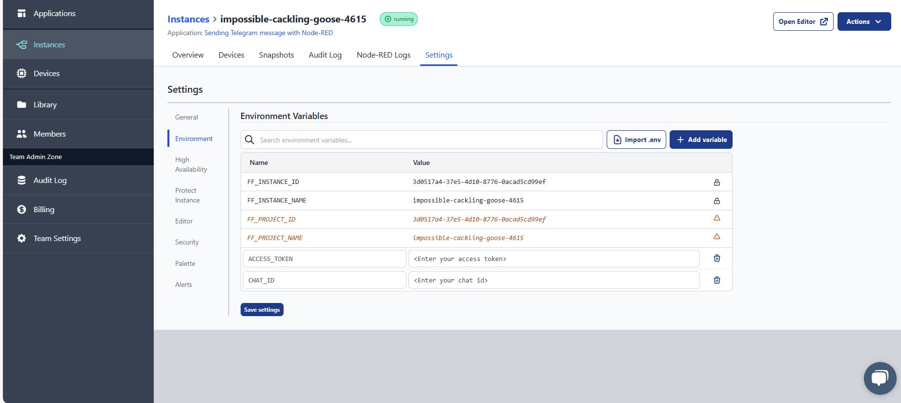 Screenshot displaying flowfuse instance settings for adding environment variable "Screenshot displaying flowfuse instance settings for adding environment varible"
