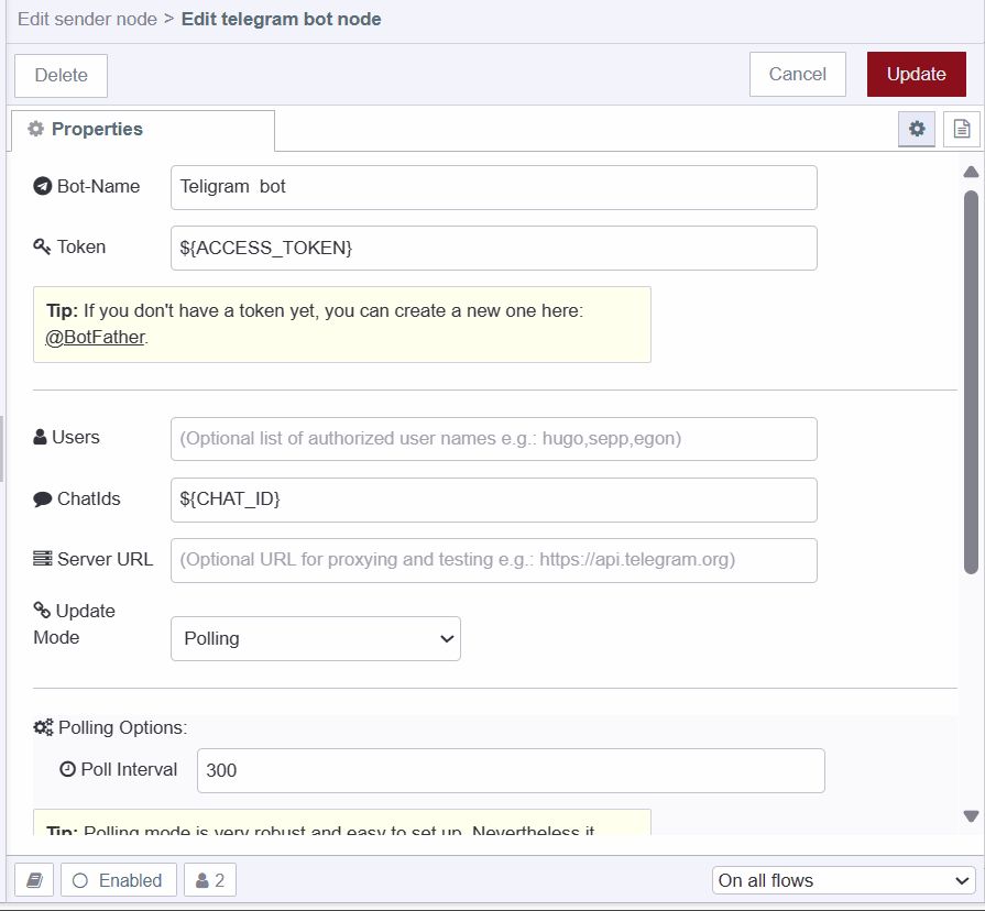 Screenshot displaying telegram custom node configuration "Screenshot displaying telegram custom node configuration"