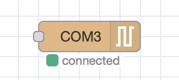 Screenshot of the Serial In node in Node-RED showing a green square that indicates a successful connection to the serial port.