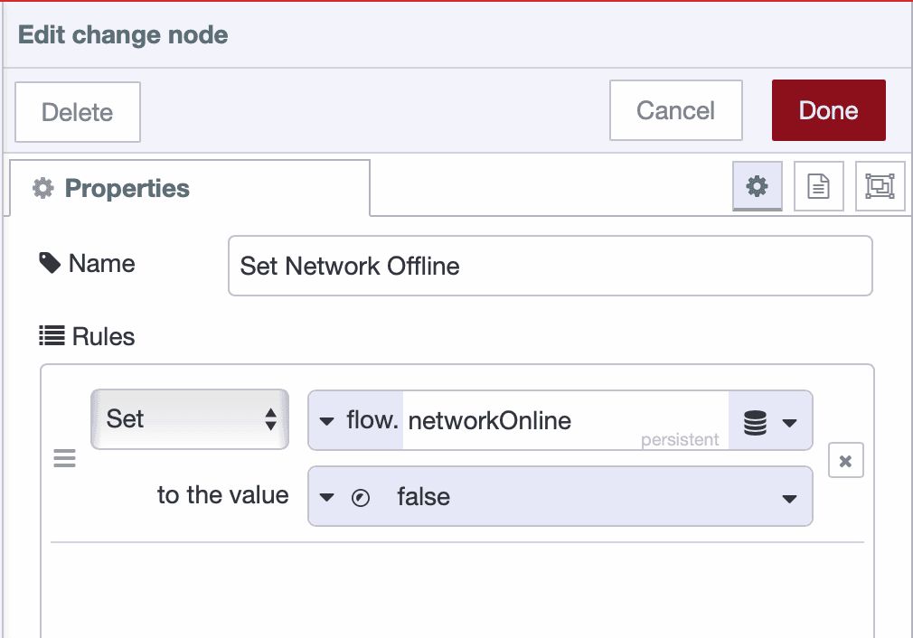 Change node setting network offline flag in persistent storage