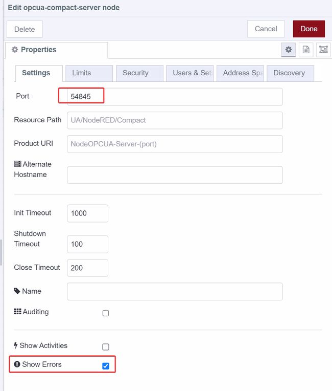 Screenshot showing the Settings Tab of compact server node
