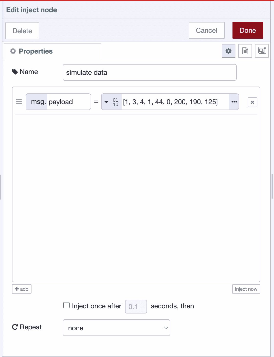Node-RED Inject node configuration showing payload set to a Buffer array for simulating data.
