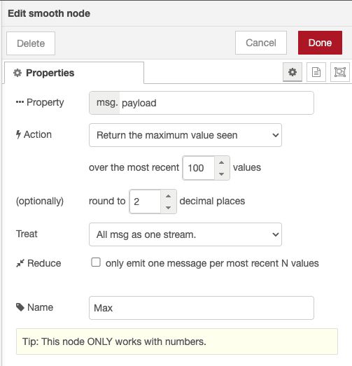 Using the Smooth node to return highest value from the last 100 payloads Using the Smooth node to return highest value from the last 100 payloads