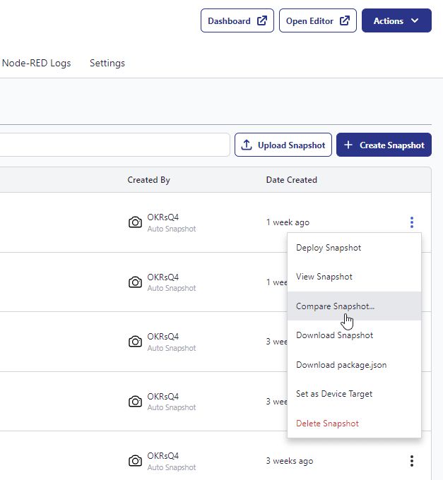 Selecting a snapshot for comparison