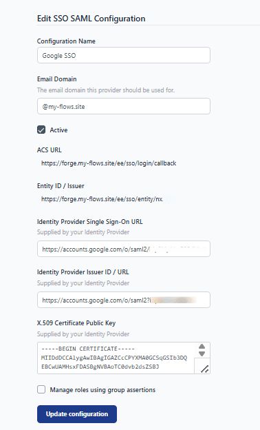 Screenshot showing the form updated with configuration provided by Google workspace "Screenshot showing the form updated with configuration provided by Google workspace"