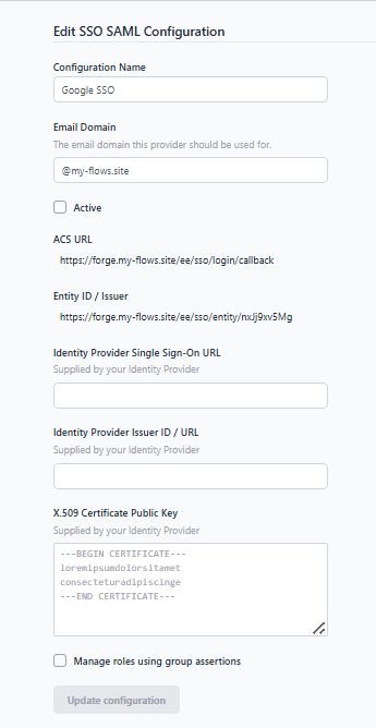 Screenshot of advance sso form showing the ACS URL and Entity ID and other feilds for configuration "Screenshot of advance sso form showing the ACS URL and Entity ID and other feilds for configuration"