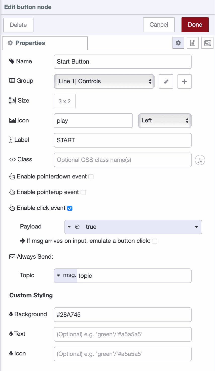 Button node configuration showing Start label, true payload, and green background color