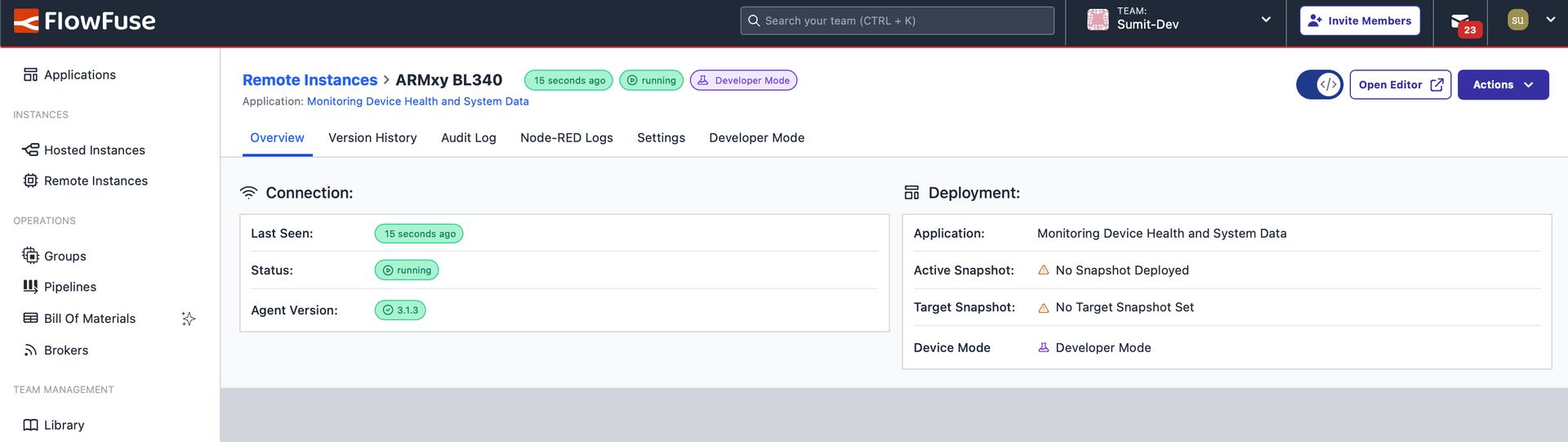 Status of the BLIIOT ARMxy BL340 remote instance in FlowFuse, showing its connection and operational state "Status of the BLIIOT ARMxy BL340 remote instance in FlowFuse, showing its connection and operational state"