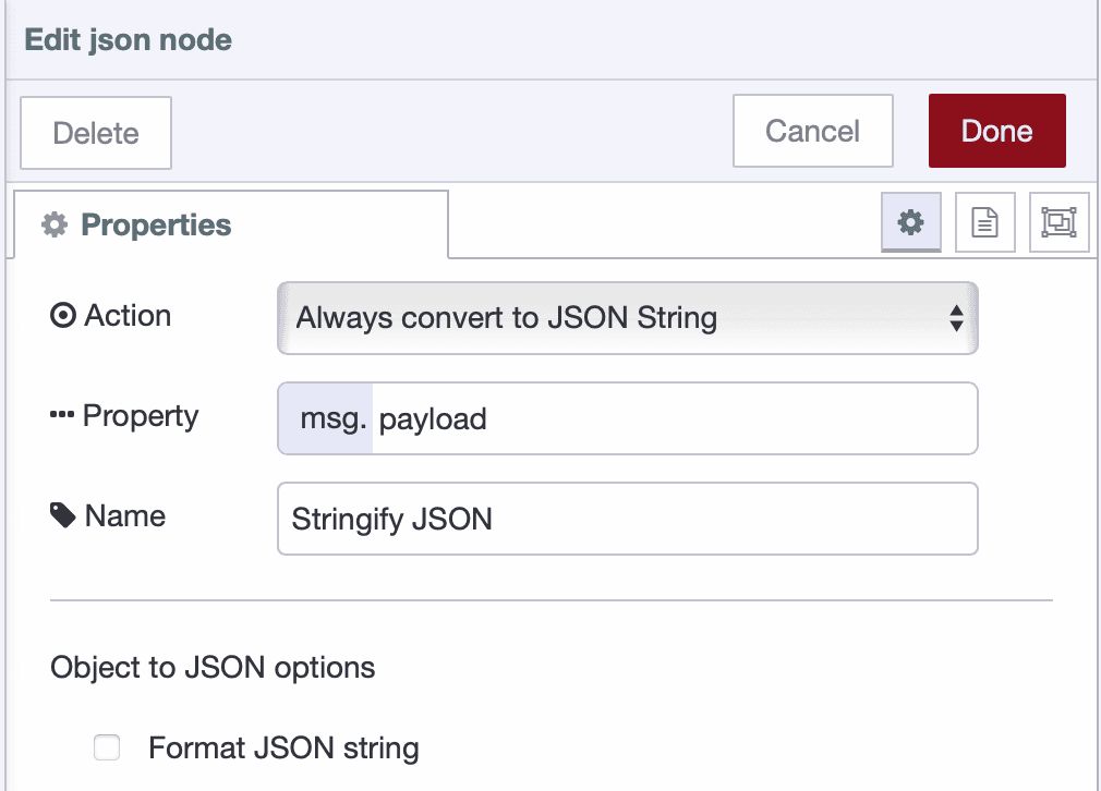 JSON node configured to stringify payload data for storage