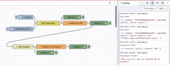 Example flow which gets the sunset time for a given location