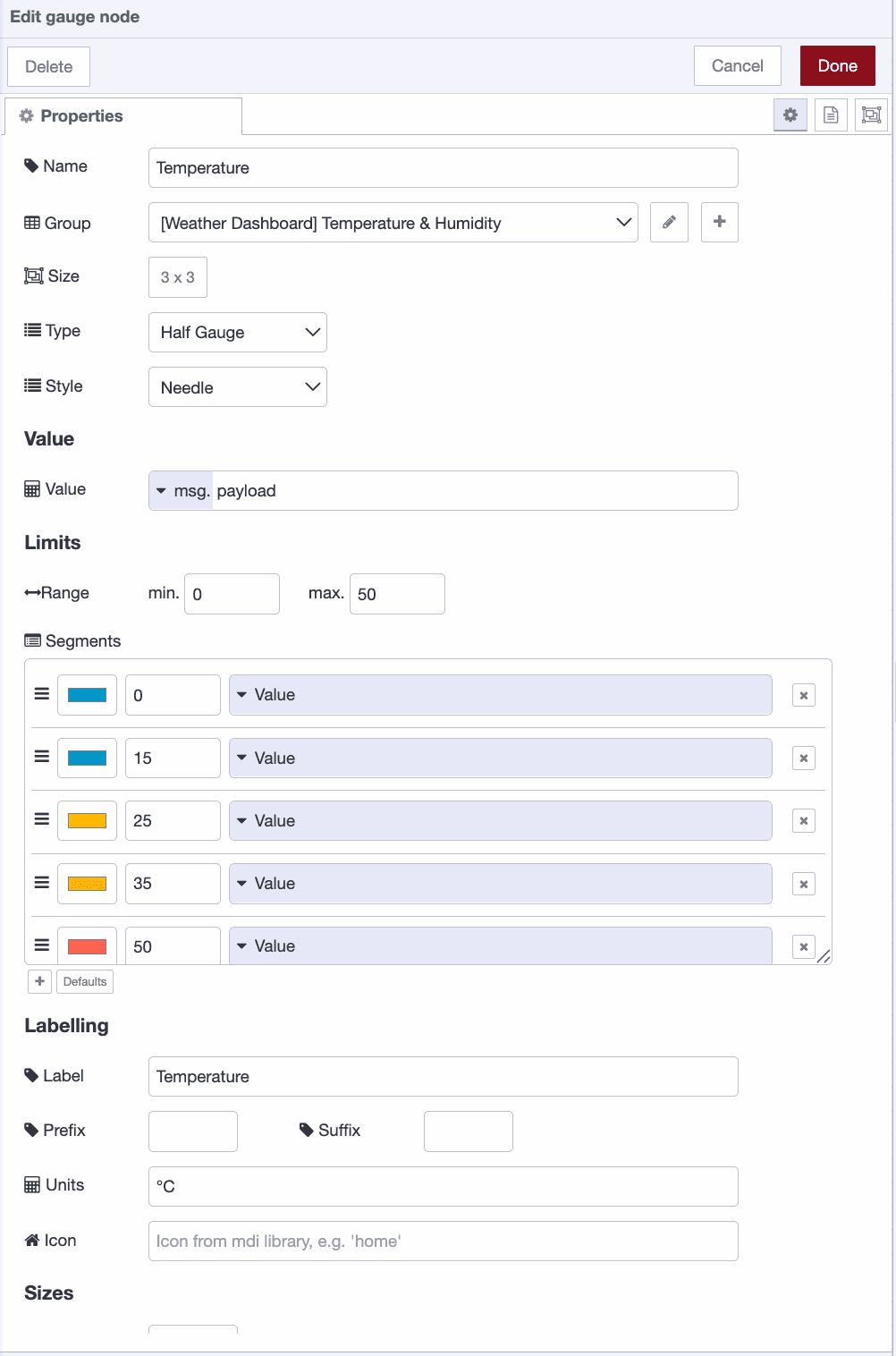 Temperature gauge configured with color-coded segments in Temperature & Humidity group