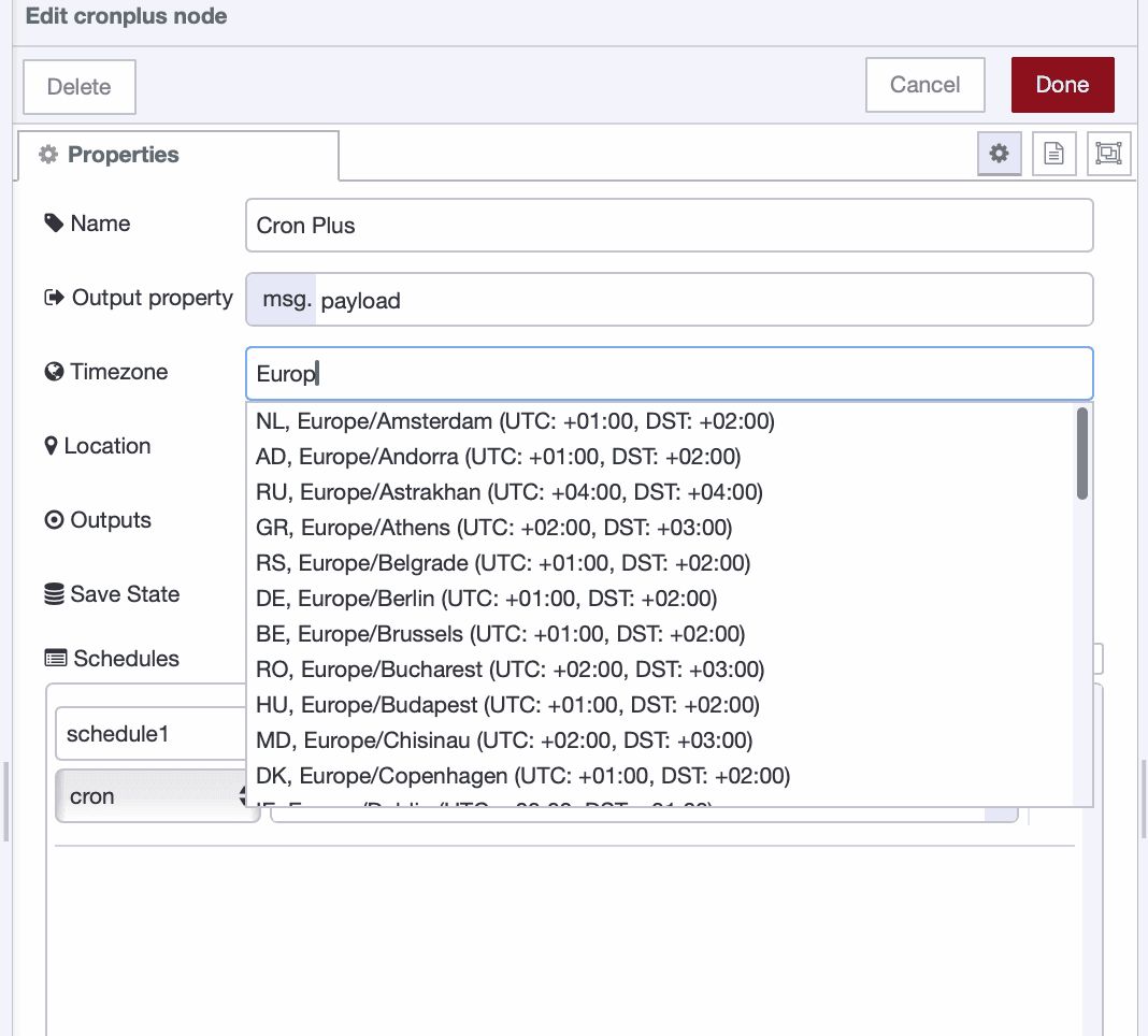 Screenshot showing the Timezone input field in the cron-plus node configuration with auto-suggestions while typing