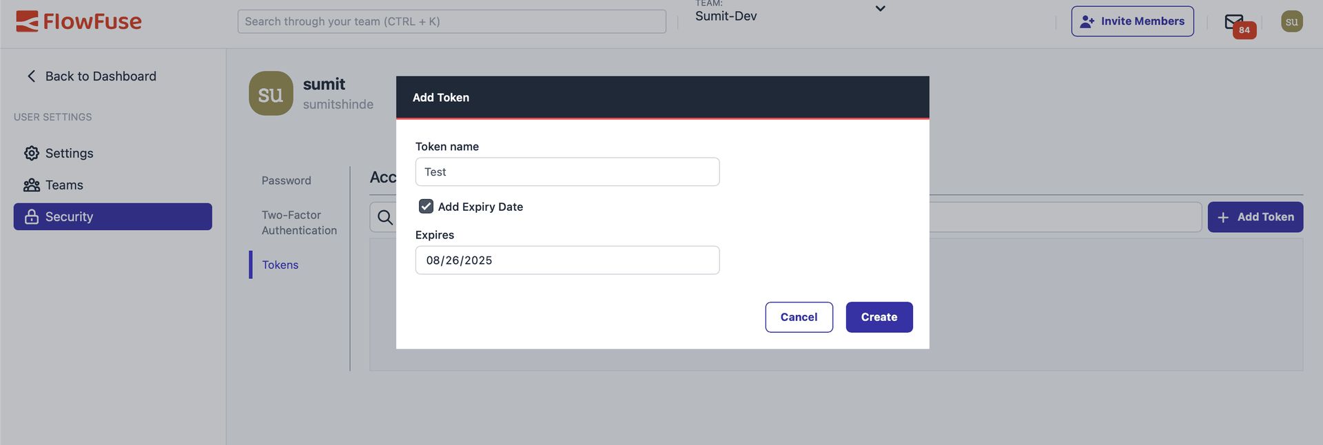 FlowFuse platform token creation form showing fields for token name, expiry date, and create button.