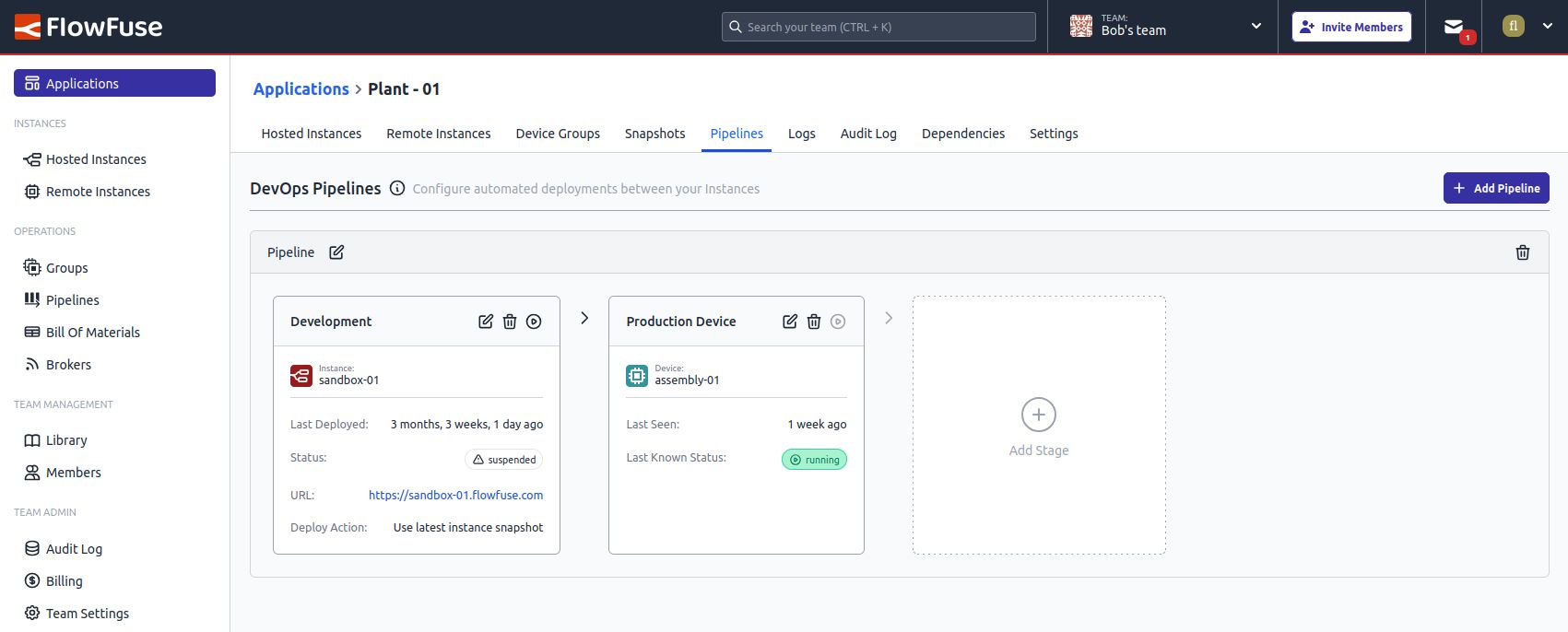 Screenshot showing the user interface for creating and running DevOps Pipelines in FlowFuse