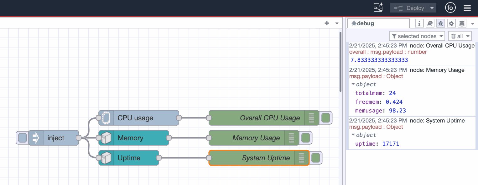 An image showing the flow that gathers system uptime data and prints it in the debug pane
