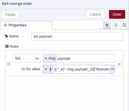 Screenshot displaying the change node setting payload as an array containing a query and operation to perform an delete operation in the database "Screenshot displaying the change node setting payload as an array containing a query and operation to perform an delete operation in the database"