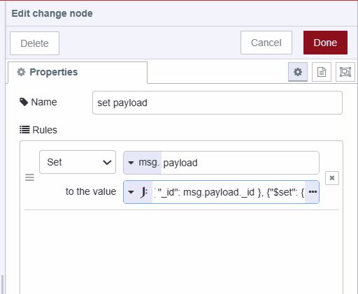 Screenshot displaying the change node setting payload as an array containing a query and operation to perform an update operation in the database "Screenshot displaying the change node setting payload as an array containing a query and operation to perform an update operation in the database"