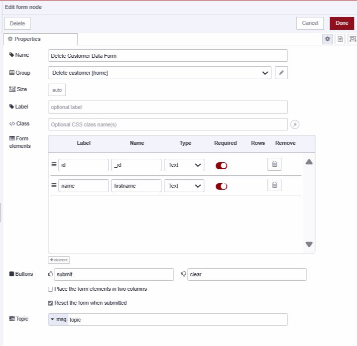 Screenshot displaying form widget configuration to delete data in MongoDB "Screenshot displaying form widget configuration to delete data in MongoDB"