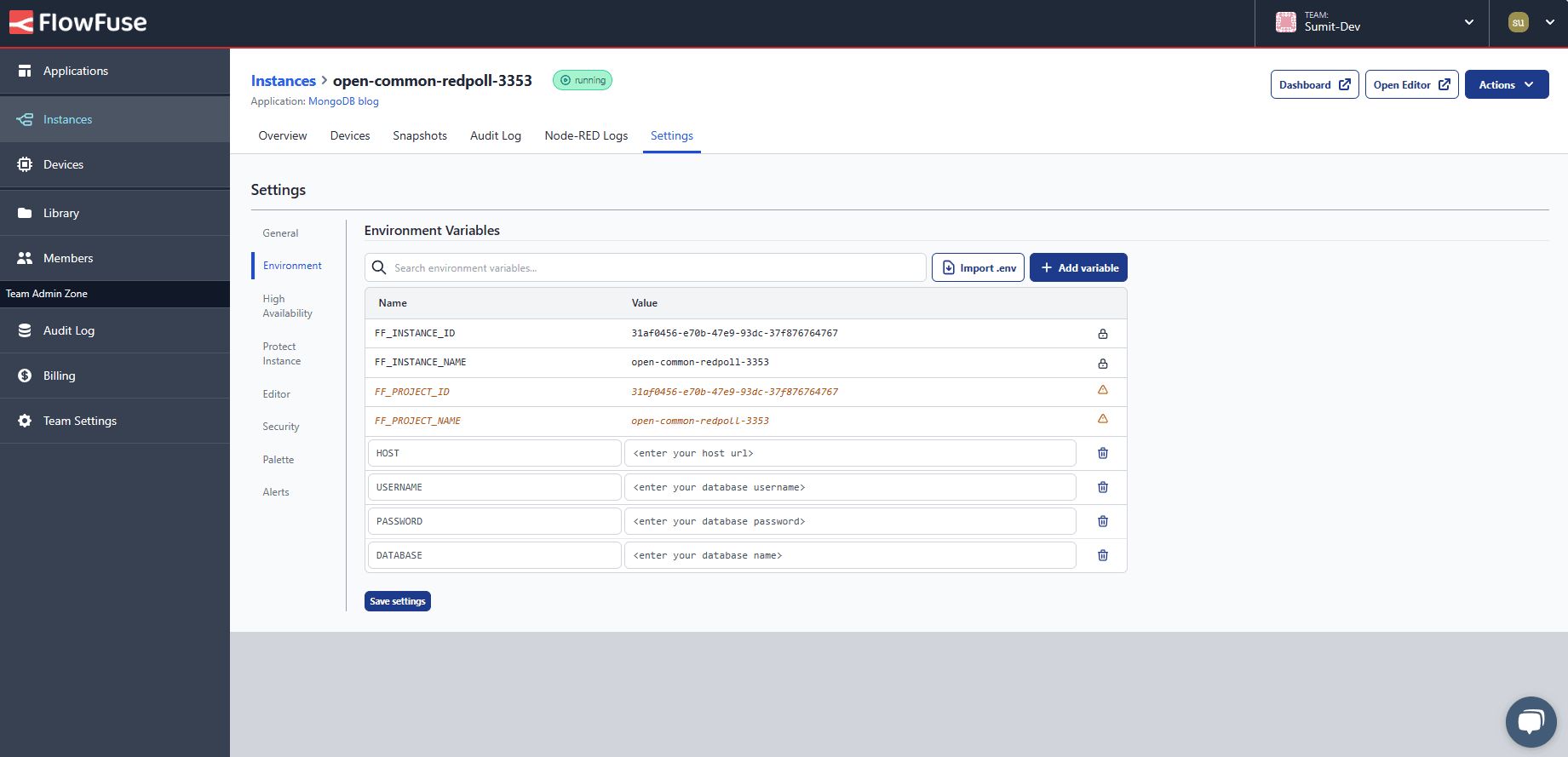 Screenshot displaying FlowFuse instance settings "Screenshot displaying FlowFuse instance settings"
