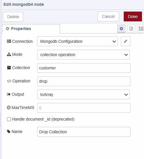 Screenshot displaying configuration of MongoDB4 node for droping collection from database "Screenshot displaying configuration of MongoDB4 node for droping collection from database"