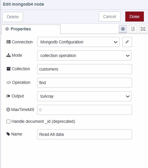 Screenshot displaying configuration of MongoDB 4 node for retrieving data "Screenshot displaying configuration of MongoDB 4 node for retrieving data"