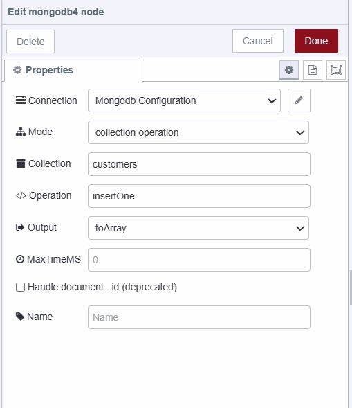 Screenshot displaying configuration of MongoDB 4 node for inserting data "Screenshot displaying configuration of MongoDB 4 node for inserting data"
