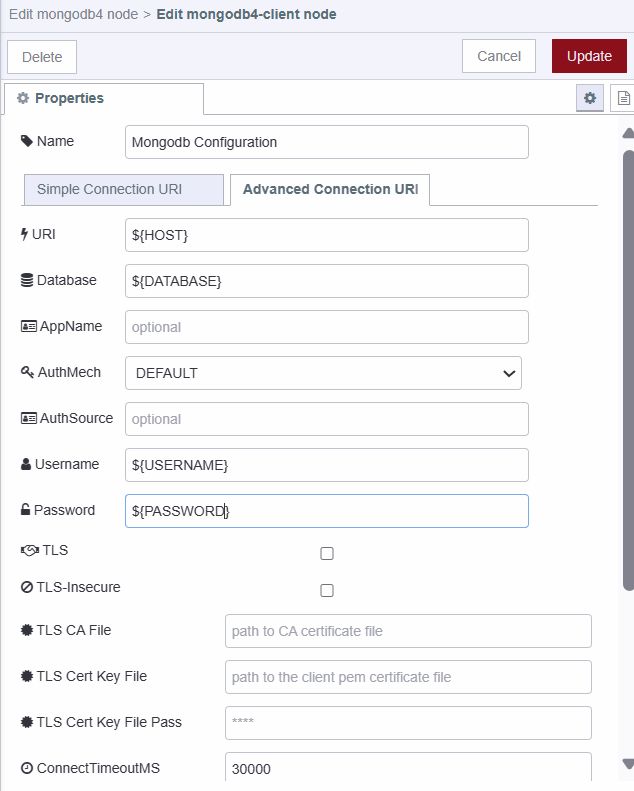 Screenshot displaying connection configuration of MongoDB 4 node. "Screenshot displaying connection configuration of MongoDB 4 node."