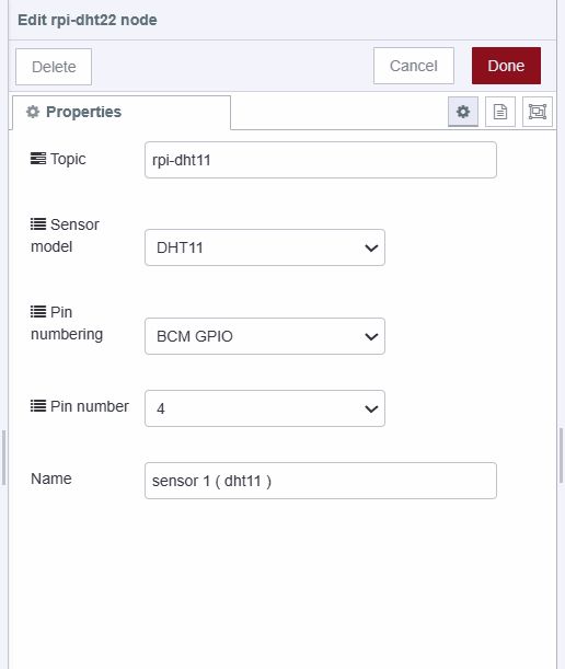 "Screenshot displaying the rpi-dht22 node's configuration for reading data from dht 11 sensor"
