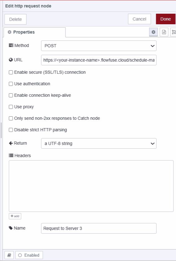 "Screenshot displaying http request nodes configuration for sending post request to server 3"