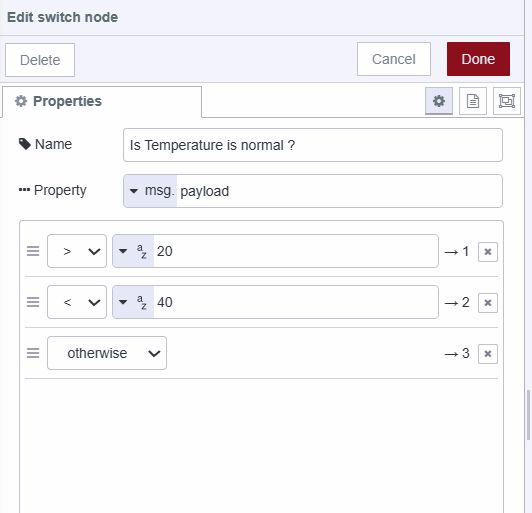 "Screenshot displaying the switch node with conditions checking whether the temperature is normal or not"