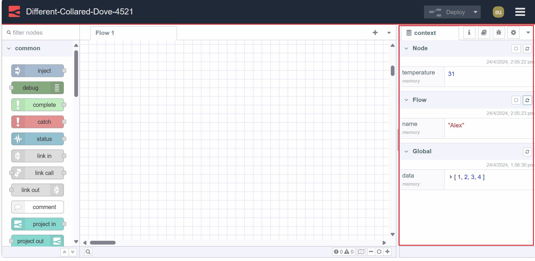 Screenshot showing Node-RED Context data tab "Screenshot showing Node-RED Context data tab"