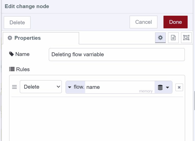 Screenshot showing how to delete flow variable using the change node "Screenshot showing how to delete flow variable using the change node"