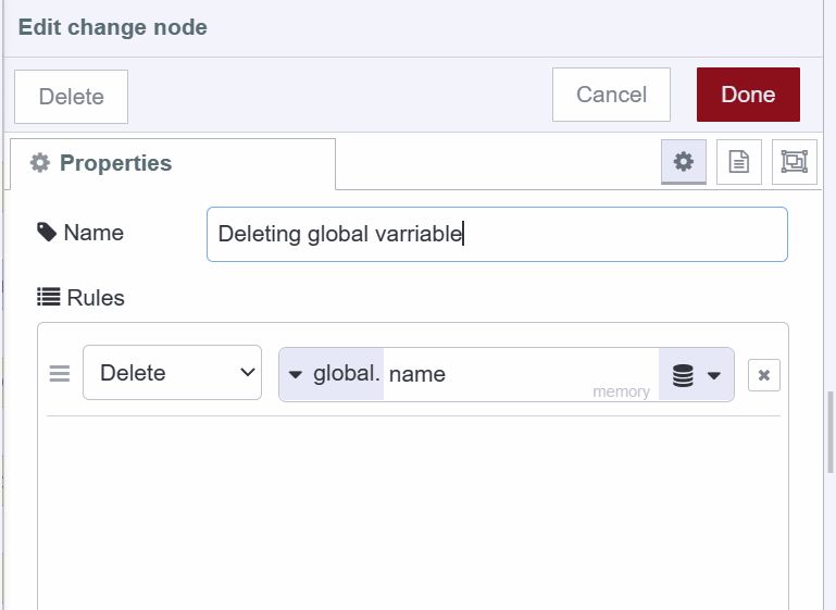 Screenshot showing how to delete global variable using the change node "Screenshot showing how to delete global variable using the change node"