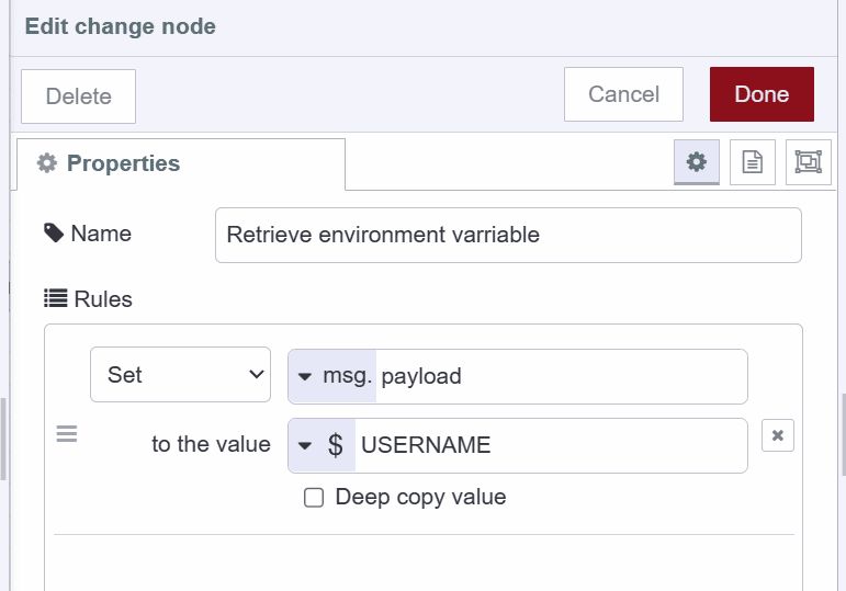 Screenshot showing how to retrieve environment variable in the change node "Screenshot showing how to retrieve environment variable in the change node"